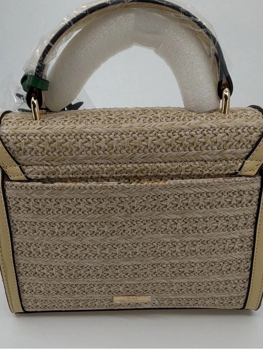 New BCBGeneration Natural Straw Top Handle Bag with Yellow Pineapple Motif